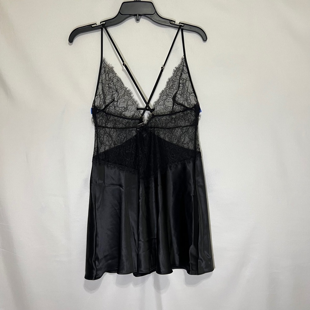 Victoria's Secret Black Lace Chemise M Babydoll Satin Festival Glam Nightie Chic